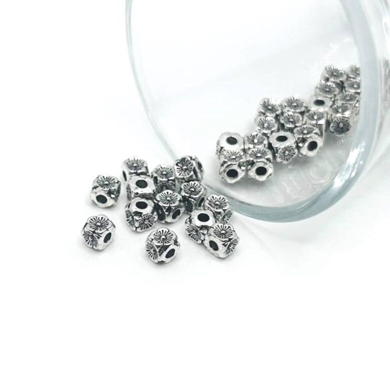 4, 20 or 50 Pieces: Antique Silver Square Flower Spacer Beads, 4x4mm